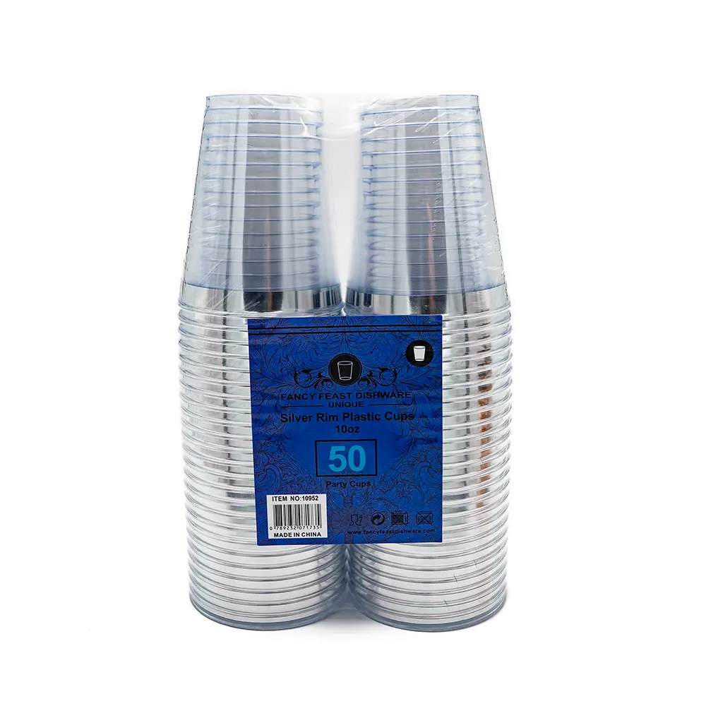 Silver Rim Plastic Cups, 50 x 10 oz